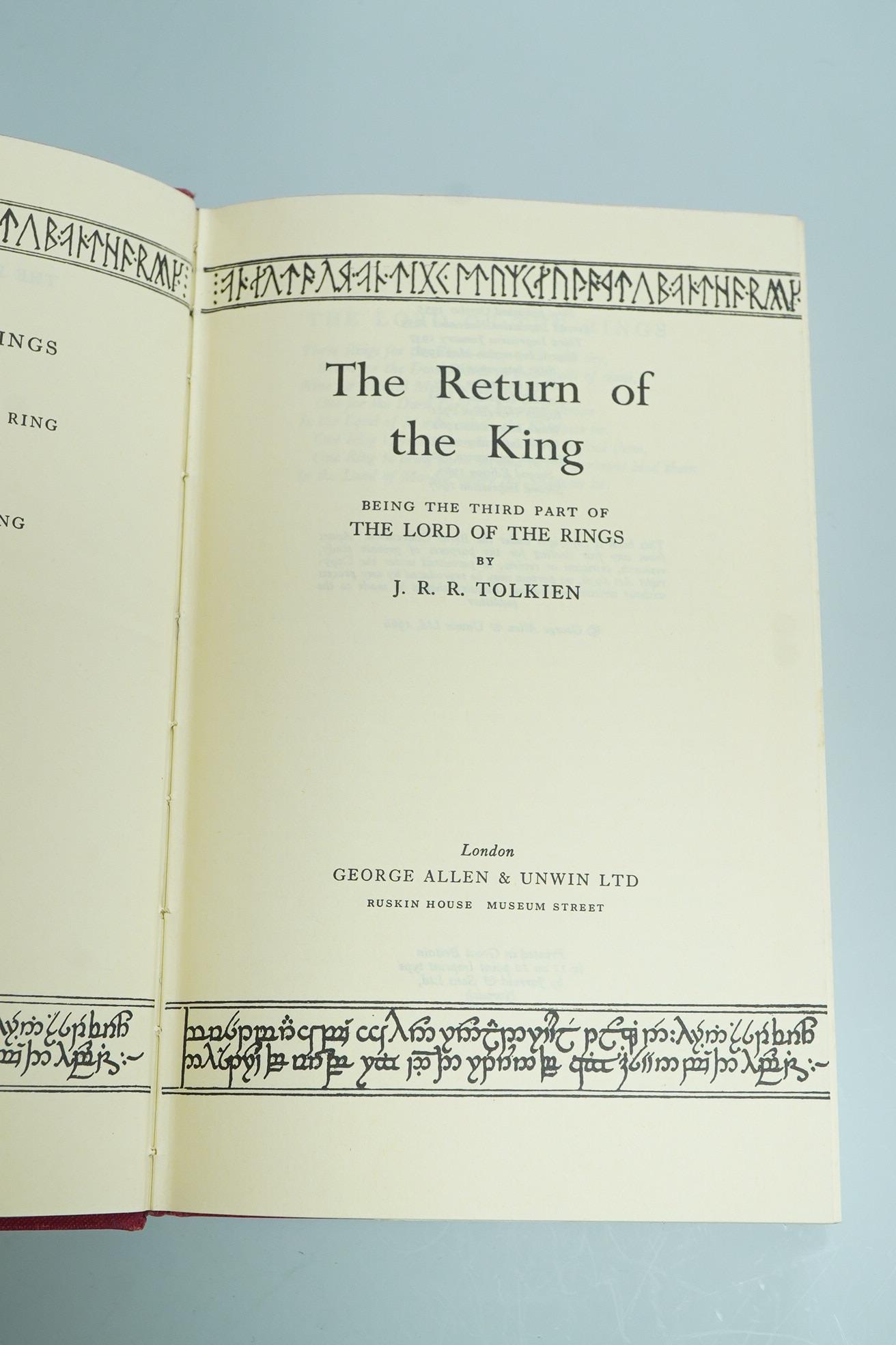Tolkien, J.R.R. - The Lord of the Rings. 3 vols., 2nd edition. each volume with the folded and coloured map, additionally vol.1 with an outline colour map and 2 lines of facsimile text, half titles present; publisher's g